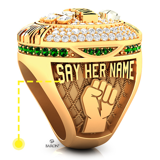 Baron Championship Rings Blog-2020 Seattle Storm WNBA Championship Ring-Right Side, Emerald stones, Diamonds, Seattle Storm logo, Basketball Rings