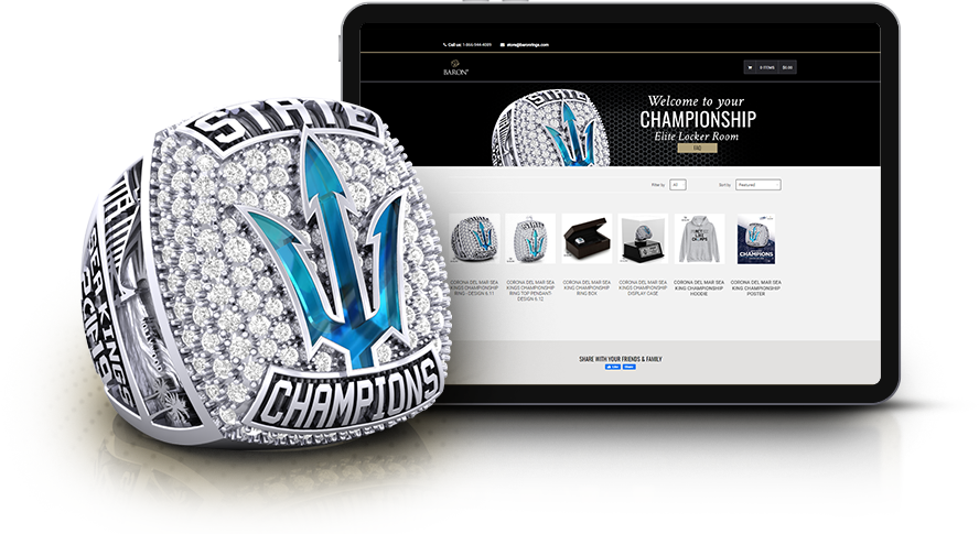Corona Del Mar championship ring with iPad showing championship collection locker room by Baron. Custom items at best price
