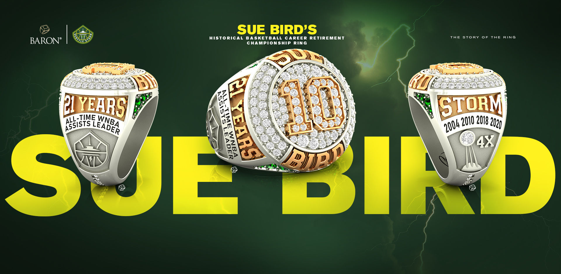 The Official Seattle Storm 2020 WNBA Championship Ring by Baron® Championship Rings green storm background