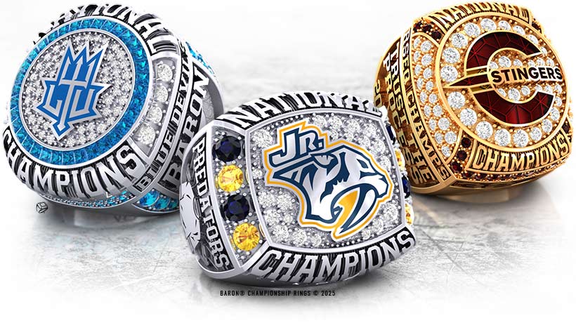 Baron-Advantage-College-University-High-School-Hockey-Rings-2025 Hockey Championship Rings by Baron Championship Rings with University of Notre Dame, Charlotte Checkers (Minor-League), Oakland Junior Grizzlies (Midget A Team)