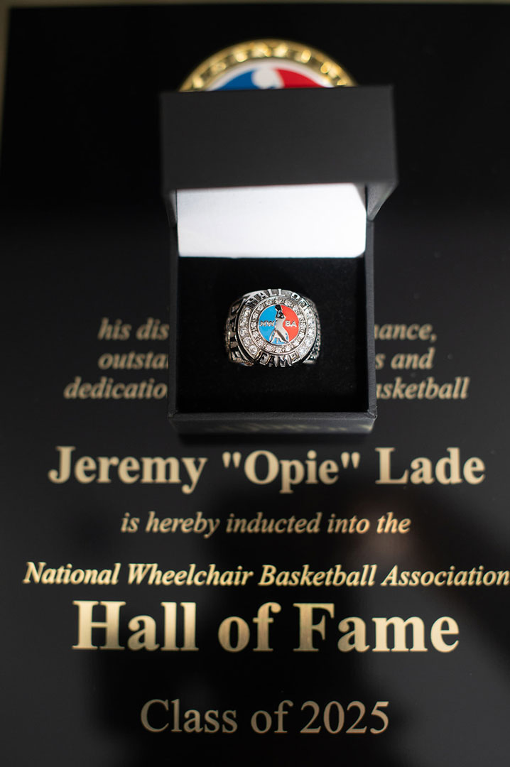 NWBA Hall of Fame ring and ring box are displayed on Jeremy “Opie” Lade’s Hall of Fame plaque