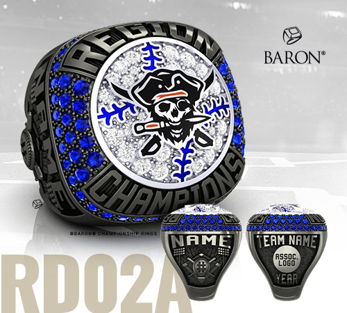 obsidian durilium and white durilium baseball championship ring with black and red pirate and knife logo with basketball ball, net texture, baseball court by Baron Rings