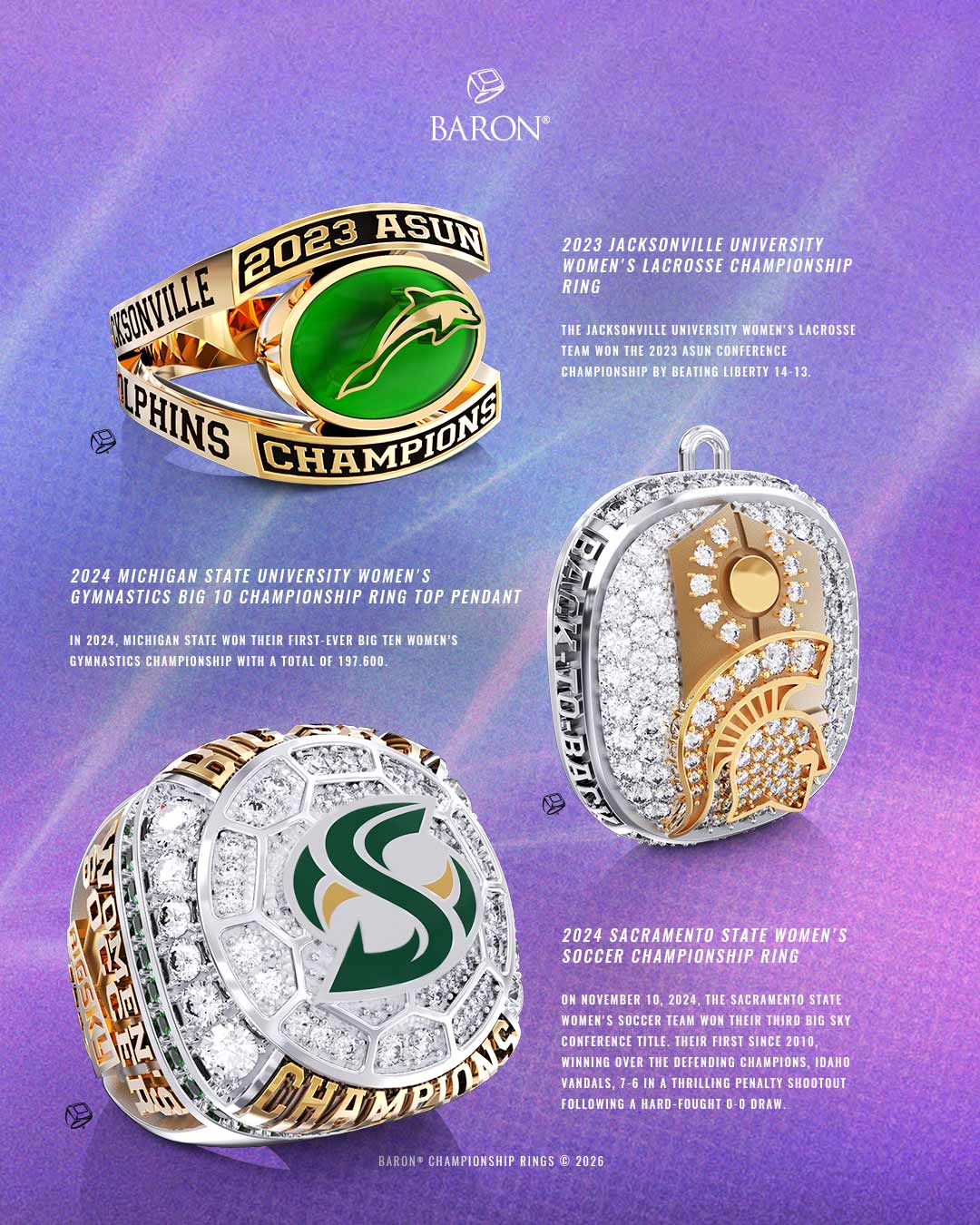 Baron-Championship-Rings-39th-Annual-National-Girls-&-Women-in-Sports-Day-Jacksonville-University_04 40th Annual National Girls & Women in Sports Day: 2023 Jacksonville University Women's Lacrosse Championship Ring, 2024 Michigan State University Women's Gymnastics BIG 10 Championship Ring Top Pendant, 2024 Sacramento State Women's Soccer Championship Ring by Baron Championship Rings